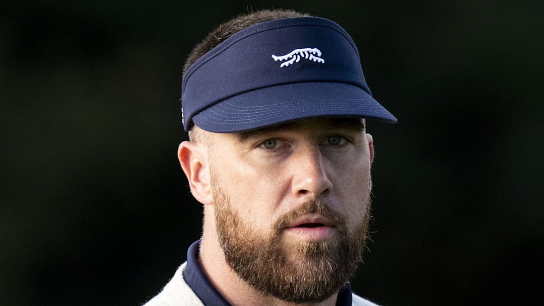 February 13, 2026; Pebble Beach, California, USA; Kansas City Chiefs tight end Travis Kelce on the first hole during the second round of the AT&T Pebble Beach Pro-Am golf tournament at Pebble Beach Golf Links. Mandatory Credit: Kyle Terada-Imagn Images