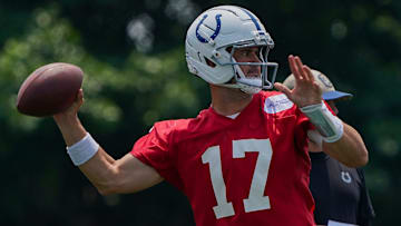 Indianapolis Colts quarterback Daniel Jones (17) throws the ball Tuesday, June 10, 2025, during NFL Colts mandatory mini camp at the Indiana Farm Bureau Football Center in Indianapolis.