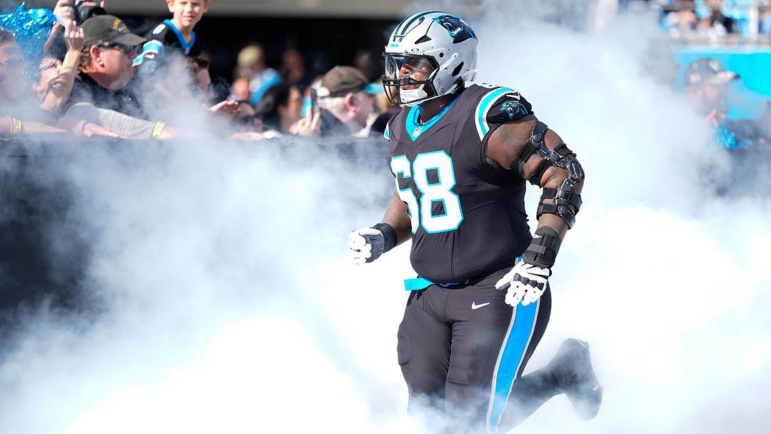 Carolina Panthers guard Damien Lewis (68) takes the field before the game 