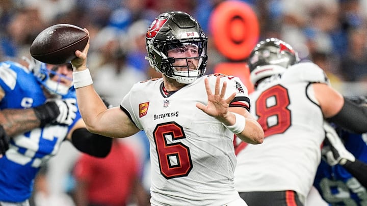 Tampa Bay Buccaneers quarterback Baker Mayfield (6) makes a pass against Detroit Lions during the second half at Ford Field in Detroit on Sunday, September 15, 2024.