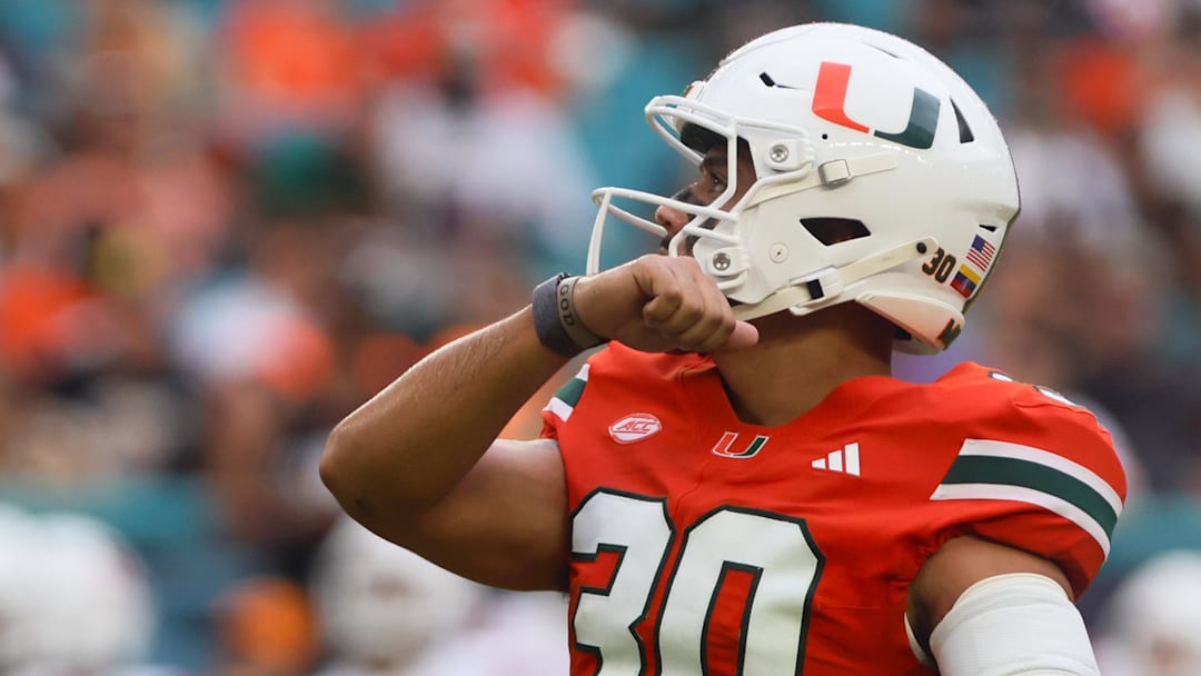 Sep 14, 2024; Miami Gardens, Florida, USA; Miami Hurricanes place kicker Andres Borregales (30) scores a field goal against the Ball State Cardinals during the first quarter at Hard Rock Stadium. Mandatory Credit: Sam Navarro-Imagn Images