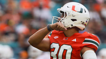Sep 14, 2024; Miami Gardens, Florida, USA; Miami Hurricanes place kicker Andres Borregales (30) scores a field goal against the Ball State Cardinals during the first quarter at Hard Rock Stadium. Mandatory Credit: Sam Navarro-Imagn Images
