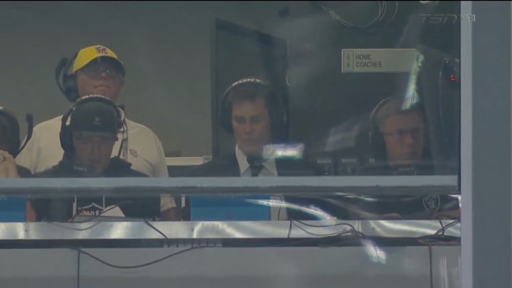 Las Vegas Raiders minority owner Tom Brady sat in the team's coaches' booth for a Monday night matchup with the Las Vegas Raiders.
