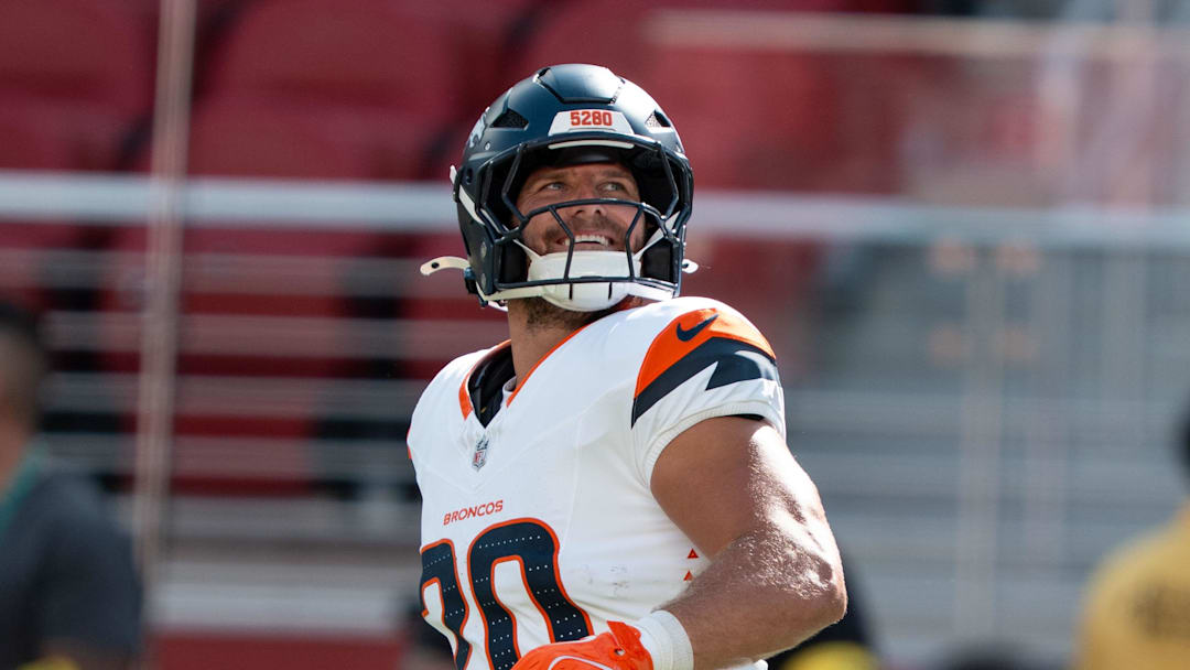 August 9, 2025; Santa Clara, California, USA; Denver Broncos fullback Michael Burton (20) before the game against the San Francisco 49ers at Levi's Stadium. Mandatory Credit: Kyle Terada-Imagn Images