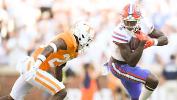 Florida wide receiver Justin Shorter (4) makes a catch while defended by Tennessee defensive back De'Shawn Rucker (28)before the first half of a game between the Tennessee Vols and Florida Gators, in Neyland Stadium, Saturday, Sept. 24, 2022.

No. 1 photo: Utvsflorida0924 01761