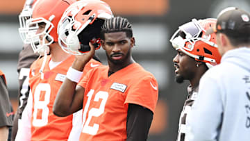 Jun 12, 2025; Berea, OH, USA; Cleveland Browns quarterback Shedeur Sanders (12) listens to a play call during mini camp at CrossCountry Mortgage Campus. Mandatory Credit: Ken Blaze-Imagn Images