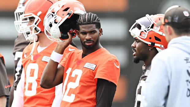 Cleveland Browns quarterback Shedeur Sanders (12) listens to a play call during mini camp at CrossCountry Mortgage Campus.