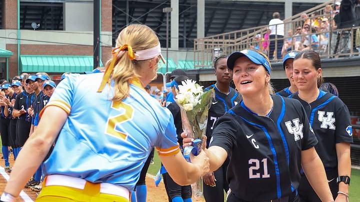 Tennessee softball seniors give Kentucky seniors flowers before the game against Kentucky at Sherri Parker Lee Stadium in Knoxville, TN on May 4, 2024.
