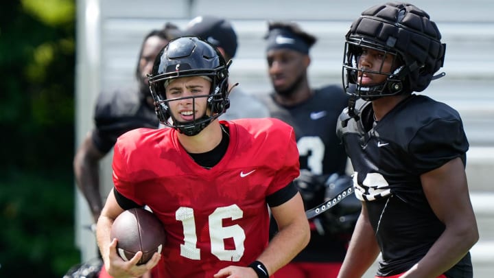 UC's Brady Lichtenberg trains at the Bearcats Fall Camp at Higher Ground in Indiana on Friday August 11, 2023.