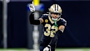 Dec 29, 2024; New Orleans, Louisiana, USA;  New Orleans Saints safety Tyrann Mathieu (32) reacts to a play against the Las Vegas Raiders during the second half at Caesars Superdome. Mandatory Credit: Stephen Lew-Imagn Images