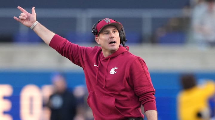 Nov 11, 2023; Berkeley, California, USA; Washington State Cougars head coach Jake Dickert during the fourth quarter against the California Golden Bears at California Memorial Stadium. Mandatory Credit: Darren Yamashita-USA TODAY Sports