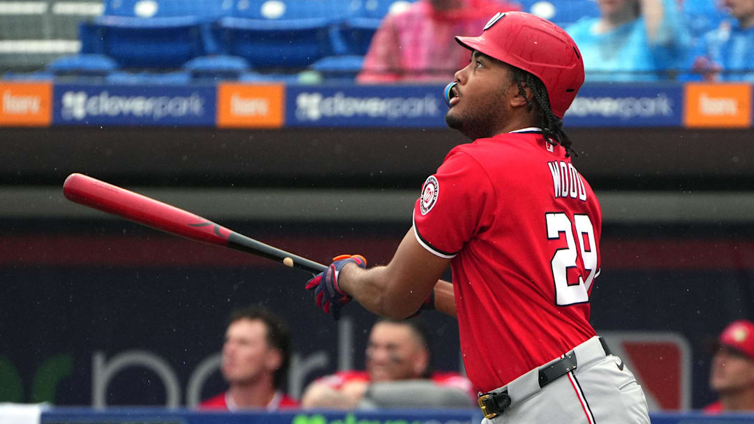 Feb 28, 2026; Port St. Lucie, Florida, USA;  Washington Nationals left fielder James Wood (29) flies out to deep center field in the first inning against the New York Mets at Clover Park. Mandatory Credit: Jim Rassol-Imagn Images