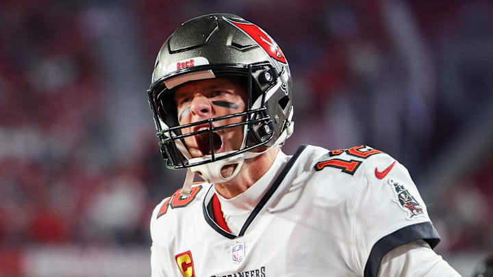 Jan 16, 2023; Tampa, Florida, USA; Tampa Bay Buccaneers quarterback Tom Brady (12) takes the field before a wild card game against the Dallas Cowboys at Raymond James Stadium. Mandatory Credit: Nathan Ray Seebeck-Imagn Images