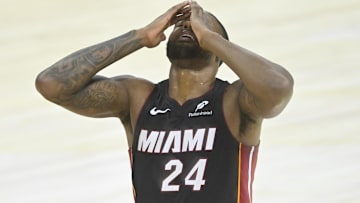 Apr 23, 2025; Cleveland, Ohio, USA; Miami Heat forward Haywood Highsmith (24) reacts in the fourth quarter of game two of the first round of the 2025 NBA Playoffs against the Cleveland Cavaliers at Rocket Arena. Mandatory Credit: David Richard-Imagn Images