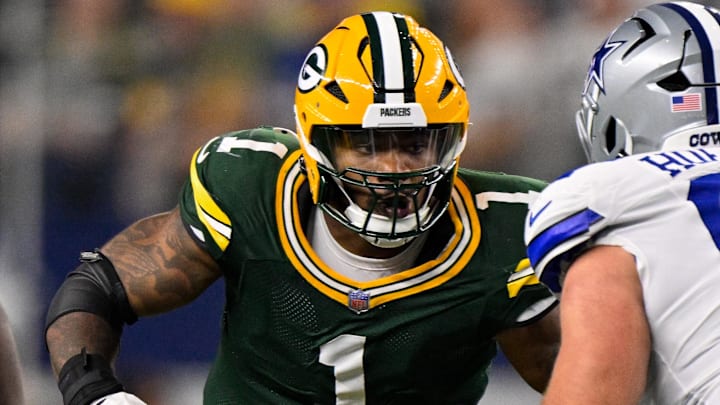 Green Bay Packers defensive end Micah Parsons (1) rushes against the Dallas Cowboys.