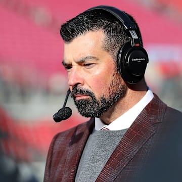 Nov 30, 2024; Columbus, Ohio, USA;  Ohio State Buckeyes head coach Ryan Day is interviewed before the game against the Michigan Wolverines at Ohio Stadium. Mandatory Credit: Joseph Maiorana-Imagn Images