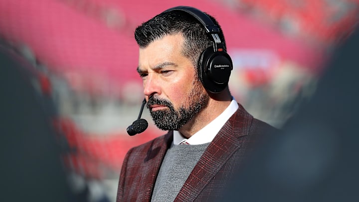 Nov 30, 2024; Columbus, Ohio, USA;  Ohio State Buckeyes head coach Ryan Day is interviewed before the game against the Michigan Wolverines at Ohio Stadium. Mandatory Credit: Joseph Maiorana-Imagn Images