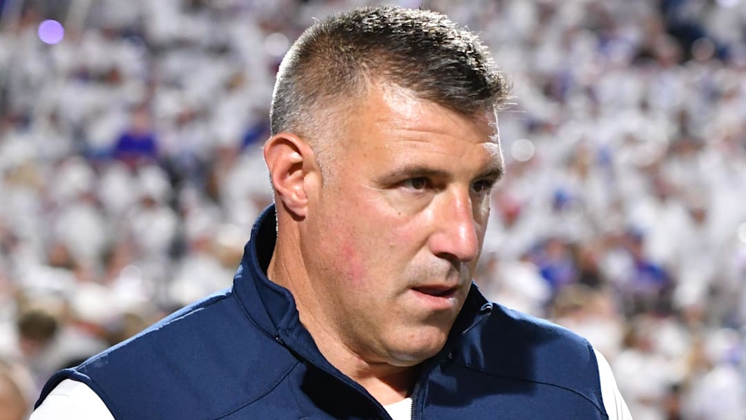 Oct 5, 2025; Orchard Park, New York, USA; New England Patriots head coach Mike Vrabel during the first half at Highmark Stadium. Mandatory Credit: Mark Konezny-Imagn Images