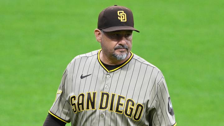Aug 14, 2026; Cleveland, Ohio, USA; San Diego Padres pitching coach Ruben Niebla (57) walks on the field in the third inning against the Cleveland Guardians at Progressive Field. Mandatory Credit: David Richard-Imagn Images