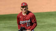 South Carolina sophomore Jake McCoy (23) reacts after striking out Clemson sophomore Collin Priest (99) during the top of the fourth inning of the Reedy River Rivalry at Fluor Field in Greenville, S.C. Saturday, March 1, 2025.