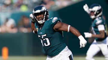 Oct 13, 2024; Philadelphia, Pennsylvania, USA; Philadelphia Eagles defensive end Brandon Graham (55) reacts after a Cleveland Browns blocked field attempt during the third quarter at Lincoln Financial Field. Mandatory Credit: Bill Streicher-Imagn Images