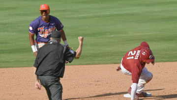 Clemson sophomore Jarren Purify (23) celebrates a double play against South Carolina to get out of the inning, during the bottom of the seventh inning of the Reedy River Rivalry at Fluor Field in Greenville, S.C. Saturday, March 1, 2025.