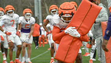 Clemson safety Jakarrion Kenan (20) in a tackle drill during the football practice at the Allen N. Reeves Football Complex at Clemson University in Clemson, S.C. Wednesday, March 5, 2025.