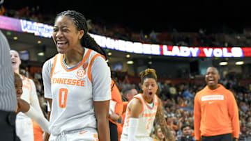 Mar 5, 2025; Greenville, South Carolina, USA; Tennessee guard Jewel Spear (0) reacts after making a three-point shot against Texas A&M during the fourth quarter of the Southeastern Conference Women's Basketball Tournament at Bon Secours Wellness Arena.  Mandatory Credit: Ken Ruinard/USA TODAY NETWORK via Imagn Images