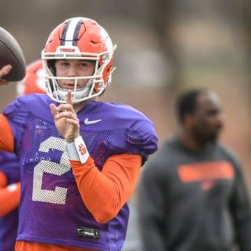 Clemson quarterback Cade Klubnik (2) passes during the football practice at the Allen N. Reeves Football Complex at Clemson University in Clemson, S.C. Wednesday, March 5, 2025.