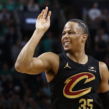 May 7, 2024; Boston, Massachusetts, USA; Cleveland Cavaliers forward Isaac Okoro (35) grimaces after missing a shot against the Boston Celtics during the second quarter of game one of the second round of the 2024 NBA playoffs at TD Garden. Mandatory Credit: Winslow Townson-Imagn Images