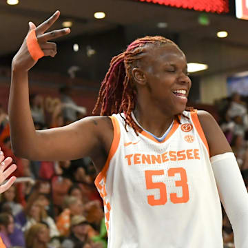 Mar 5, 2025; Greenville, South Carolina, USA; Tennessee head coach Kim Caldwell looks at Tennessee forward Jillian Hollingshead (53) celebrating during the fourth quarter of the Southeastern Conference Women's Basketball Tournament game with Texas A&M at Bon Secours Wellness Arena.  Mandatory Credit: Ken Ruinard/USA TODAY NETWORK via Imagn Images
