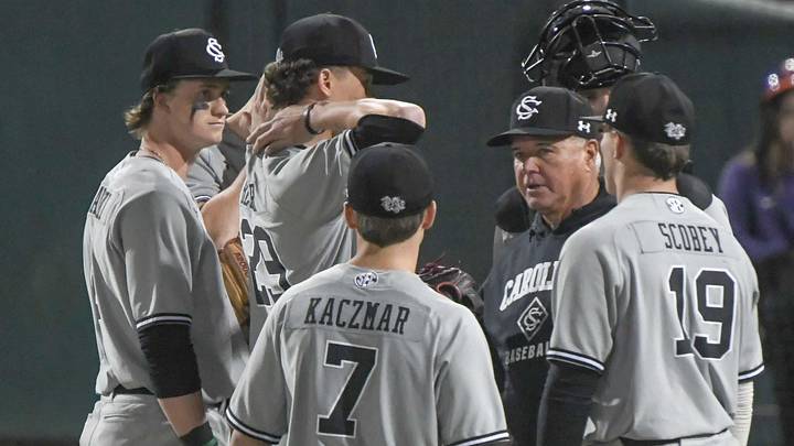 South Carolina Head Coach Paul Mainier takes South Carolina senior Matthew Becker (29) out of the game during the bottom of the fourth inning at Doug Kingsmore Stadium in Clemson, S.C. Friday, February 28, 2025.