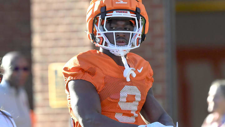 Clemson running back Gideon Davidson (9) during the first football practice at the Allen N. Reeves Football Complex at Clemson University in Clemson, S.C. Friday, February 28, 2025.