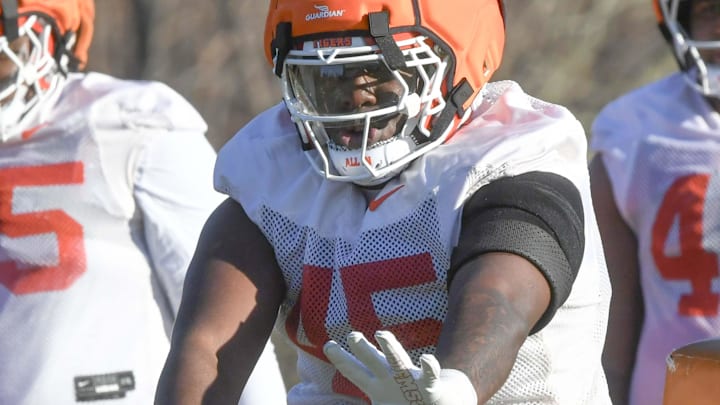 Clemson defensive lineman Vic Burley (45) during the first football practice at the Allen N. Reeves Football Complex at Clemson University in Clemson, S.C. Friday, February 28, 2025.