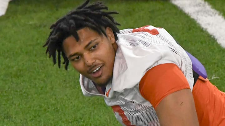 Clemson defensive end T.J. Parker (3) during the first football practice at the Allen N. Reeves Football Complex at Clemson University in Clemson, S.C. Friday, February 28, 2025.
