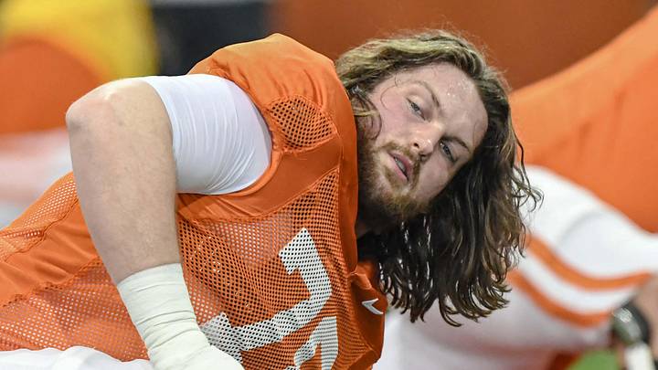 Clemson offensive lineman Blake Miller (78) stretches during the football practice at the Allen N. Reeves Football Complex at Clemson University in Clemson, S.C. Monday, March 3, 2025.