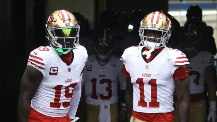 Sep 10, 2023; Pittsburgh, Pennsylvania, USA;  San Francisco 49ers wide receivers Deebo Samuel (19) and Brandon Aiyuk (11) take the field against the Pittsburgh Steelers at Acrisure Stadium. Mandatory Credit: Charles LeClaire-USA TODAY Sports