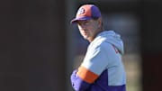 Clemson head coach Dabo Swinney watches during the football practice at the Allen N. Reeves Football Complex at Clemson University in Clemson, S.C. Monday, March 3, 2025.