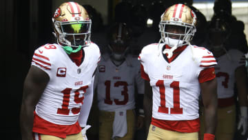 Sep 10, 2023; Pittsburgh, Pennsylvania, USA;  San Francisco 49ers wide receivers Deebo Samuel (19) and Brandon Aiyuk (11) take the field against the Pittsburgh Steelers at Acrisure Stadium. Mandatory Credit: Charles LeClaire-USA TODAY Sports