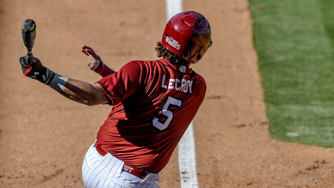 Mar 1, 2025; Greenville, South Carolina, USA; South Carolina Gamecocks Talmadge LeCroy (5) bats against the Clemson Tigers during the bottom of the sixth inning at Fluor Field. Mandatory Credit: Ken Ruinard/USA Today Network via Imagn Images