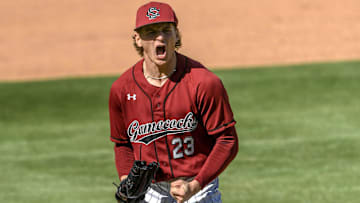 Mar 1, 2025; Greenville, South Carolina, USA; South Carolina Gamecocks pitcher Jake McCoy (23) reacts after striking out a batter against the Clemson Tigers during the top of the fourth inning at Fluor Field. Mandatory Credit: Ken Ruinard/USA Today Network via Imagn Images