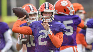 Clemson quarterback Cade Klubnik (2) with quarterbacks in a passing drill during the football practice at the Allen N. Reeves Football Complex at Clemson University in Clemson, S.C. Wednesday, March 5, 2025.