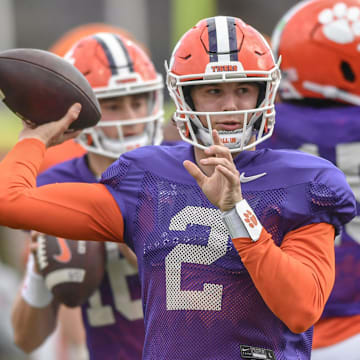 Clemson quarterback Cade Klubnik (2) with quarterbacks in a passing drill during the football practice at the Allen N. Reeves Football Complex at Clemson University in Clemson, S.C. Wednesday, March 5, 2025.