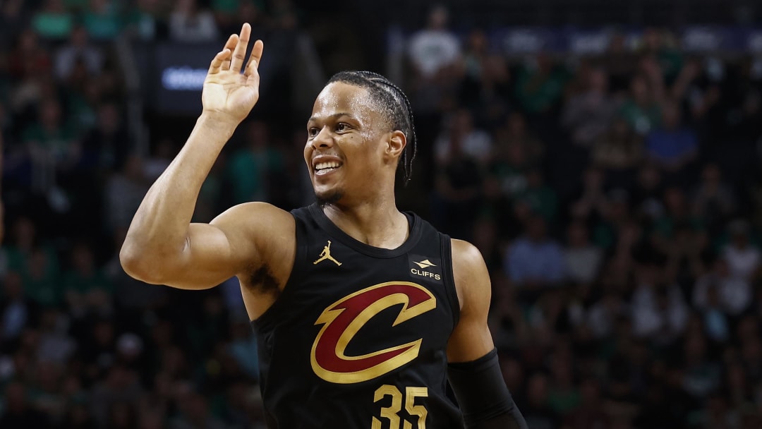 May 7, 2024; Boston, Massachusetts, USA; Cleveland Cavaliers forward Isaac Okoro (35) grimaces after missing a shot against the Boston Celtics during the second quarter of game one of the second round of the 2024 NBA playoffs at TD Garden. Mandatory Credit: Winslow Townson-USA TODAY Sports