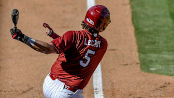 Mar 1, 2025; Greenville, South Carolina, USA; South Carolina Gamecocks Talmadge LeCroy (5) bats against the Clemson Tigers during the bottom of the sixth inning at Fluor Field. Mandatory Credit: Ken Ruinard/USA Today Network via Imagn Images