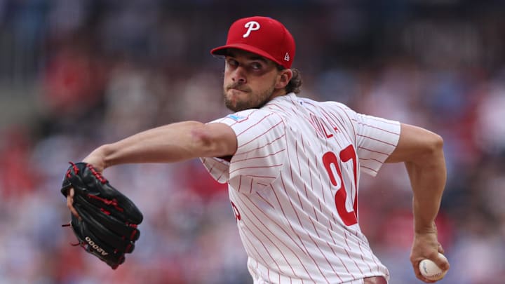 Philadelphia Phillies pitcher Aaron Nola throws a pitch. Philadelphia Phillies pitcher Aaron Nola throws a pitch.