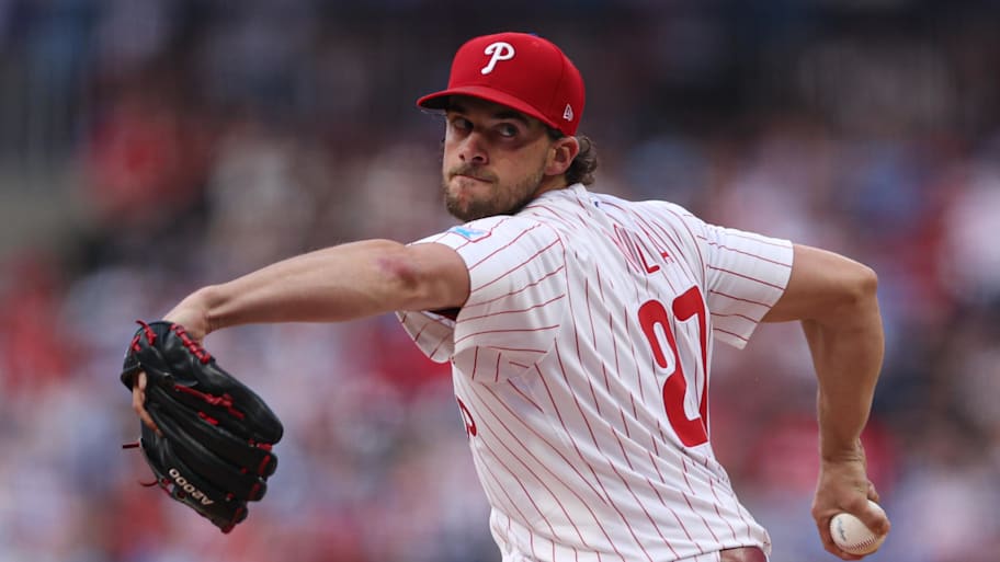 Philadelphia Phillies pitcher Aaron Nola throws a pitch. | Bill Streicher-Imagn Images