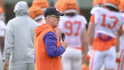 Clemson defensive coordinator Tom Allen during the football practice at the Allen N. Reeves Football Complex at Clemson University in Clemson, S.C. Wednesday, March 5, 2025.