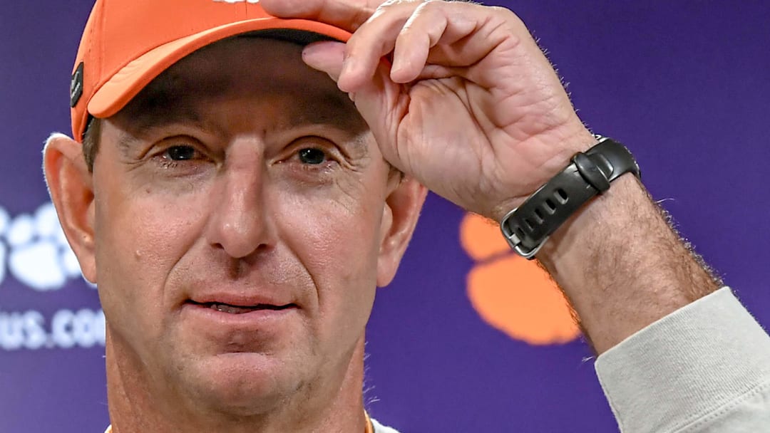 Clemson head coach Dabo Swinney talks with media before during the first football practice at the Allen N. Reeves Football Complex at Clemson University in Clemson, S.C. Friday, February 28, 2025.