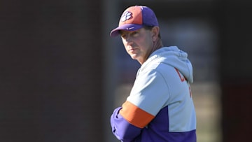 Clemson head coach Dabo Swinney watches during the football practice at the Allen N. Reeves Football Complex at Clemson University in Clemson, S.C. Monday, March 3, 2025.